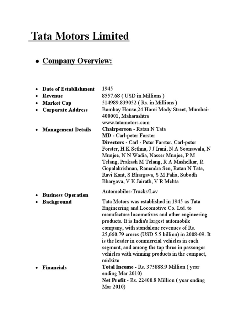 Tata Motors Company Overview and Financials | PDF