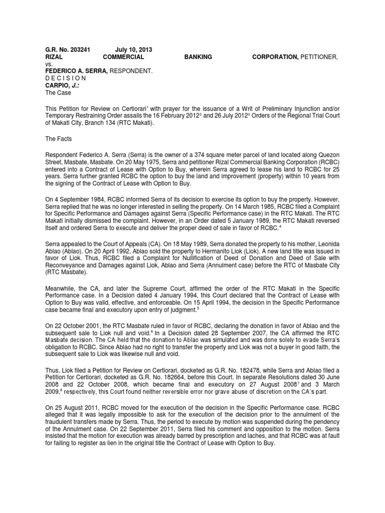 RCBC vs. Serra: RTC Decision Review | PDF | Judgment (Law) | Complaint