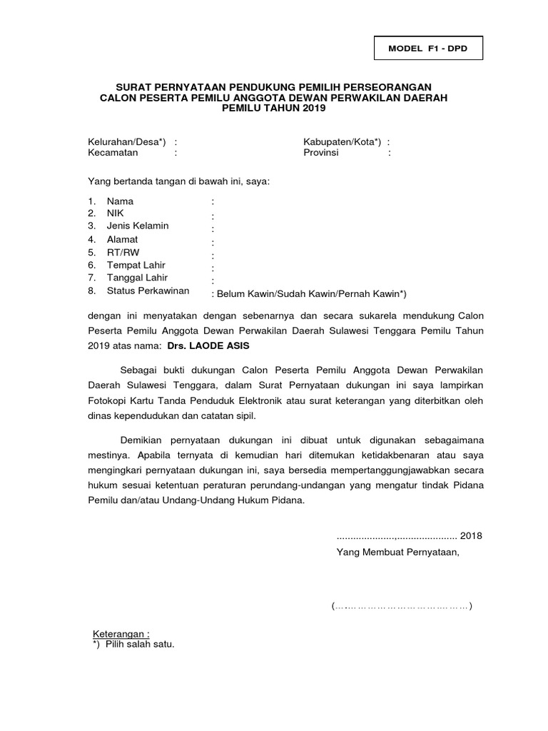Surat Pernyataan Dukungan Dpd 2018 Pdf