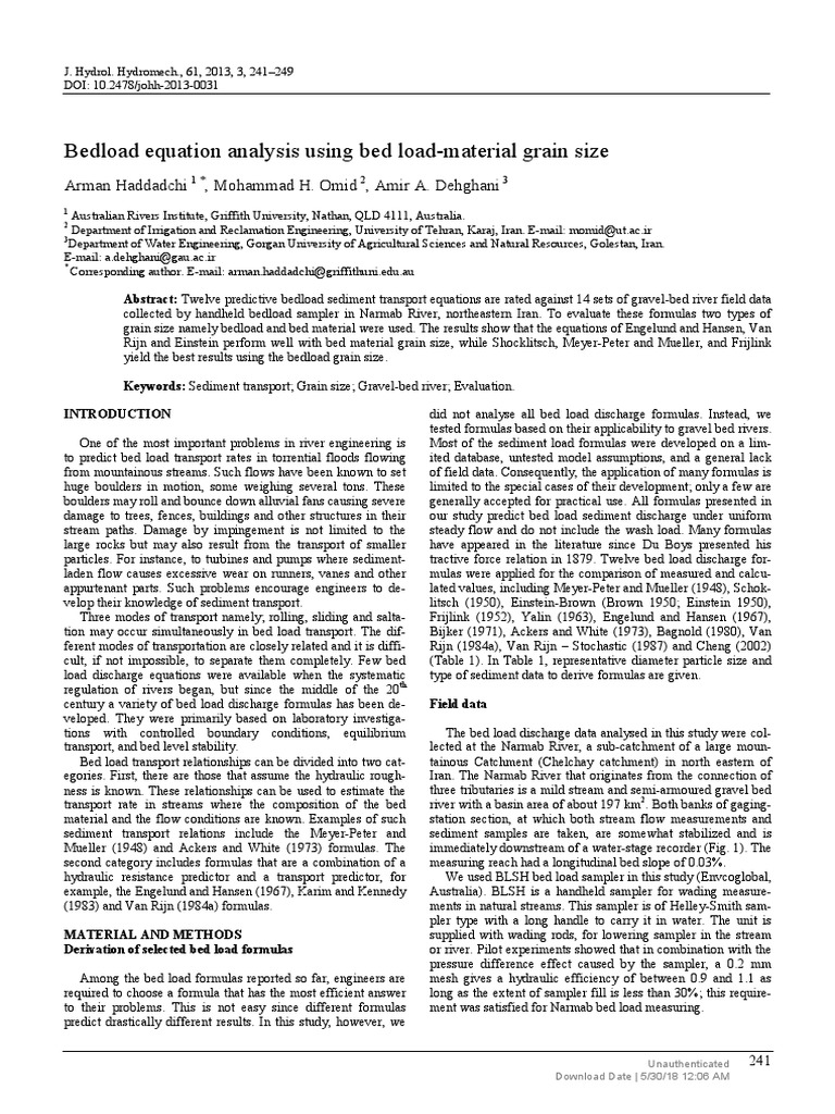 Bedload Equation Analysis Using Bed LoadMaterial Grain Size PDF