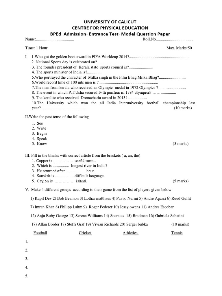 BPEd Entrance Exam 2015 Model Question Paper Calicut University PDF