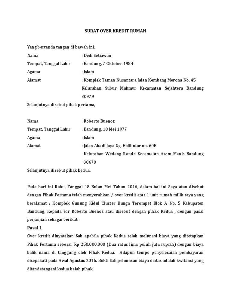 Contoh Surat Over Kredit Rumah Antar Debitur Pdf