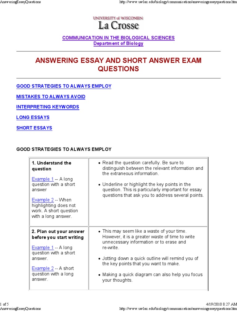 Answering Essay Questions Question Paragraph