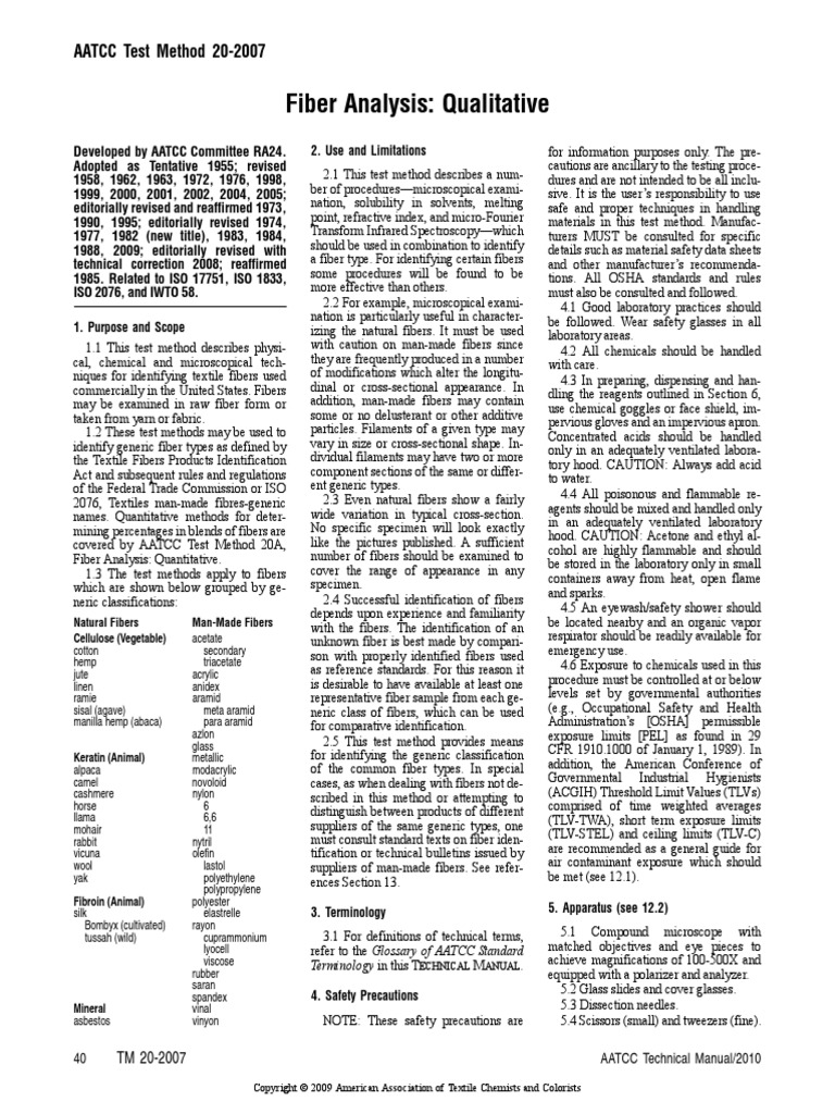 Fiber Analysis: Qualitative: AATCC Test Method 20-2007 | PDF | Yarn ...