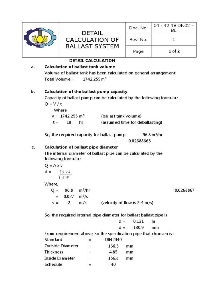 Detail Calculation A. Calculation of Ballast Tank Volume PDF Pipe