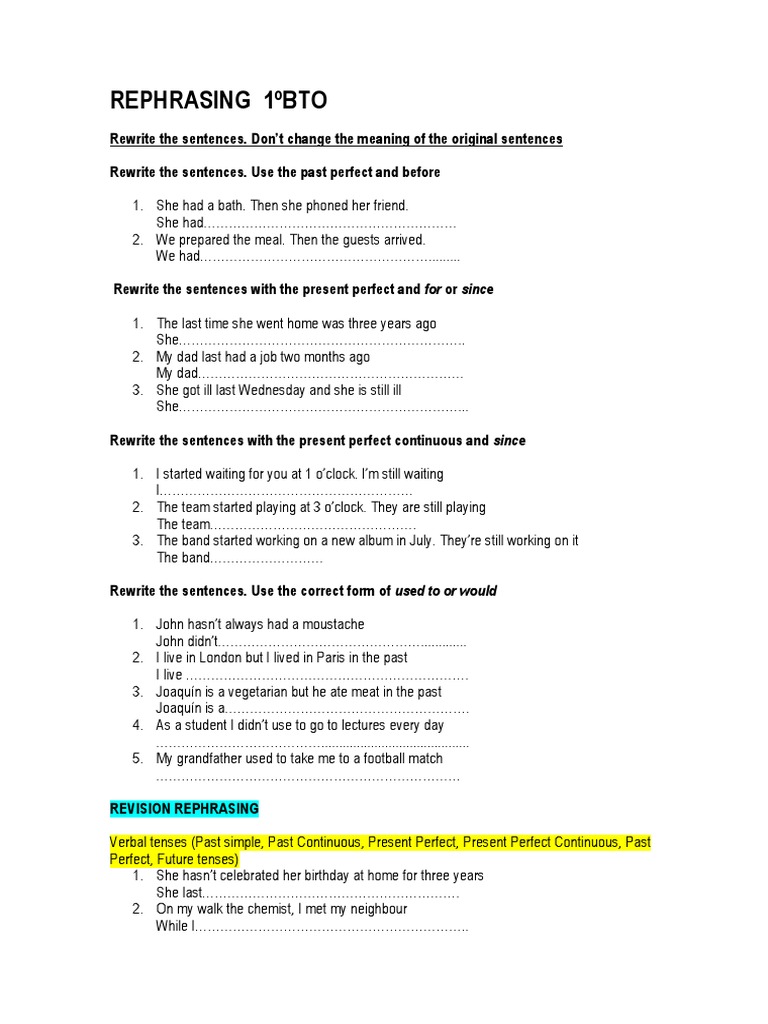 Rephrasing Exercises for English Tenses | PDF | Rules | Language Mechanics