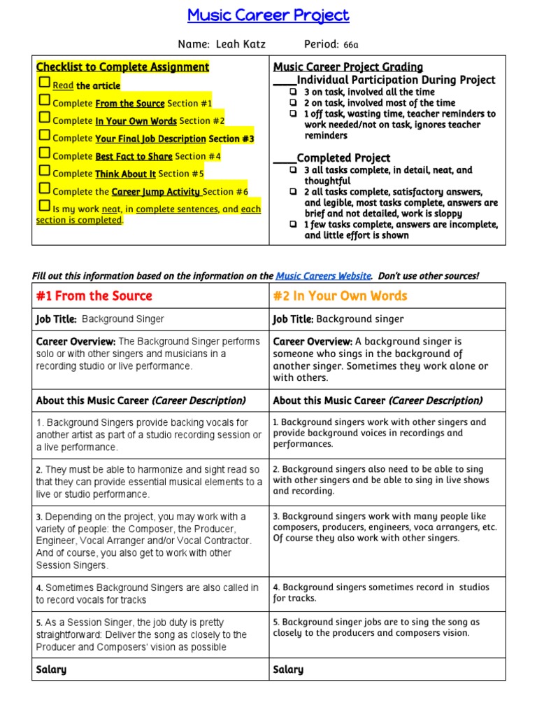 Music Career Project: Background Singer Guide | PDF | Singing | Music ...