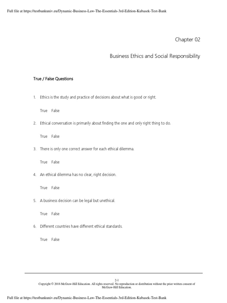 Dynamic Business Law The Essentials 3rd Edition Kubasek Test Bank PDF Business Ethics
