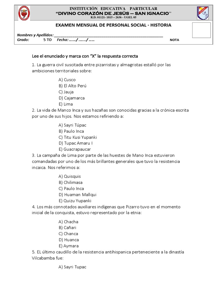 Examen de Personal Social - 5to de Primaria | PDF | Andes | América del Sur