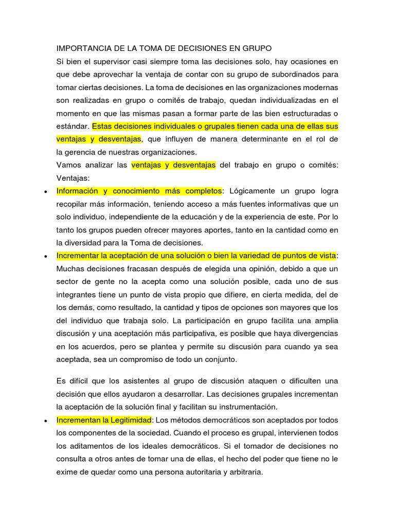 Importancia de La Toma de Decisiones en Grupo Toma de