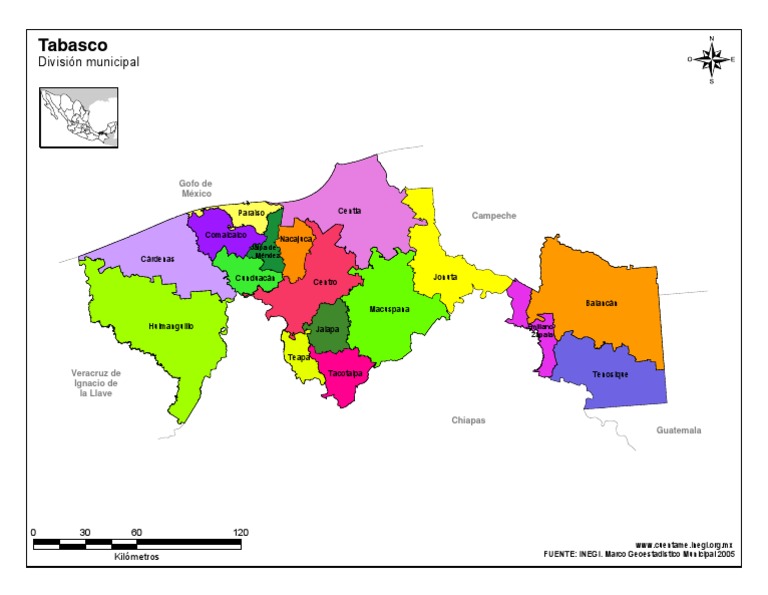 Mapa de Tabasco y Sus Municipios Con Nombres a Color