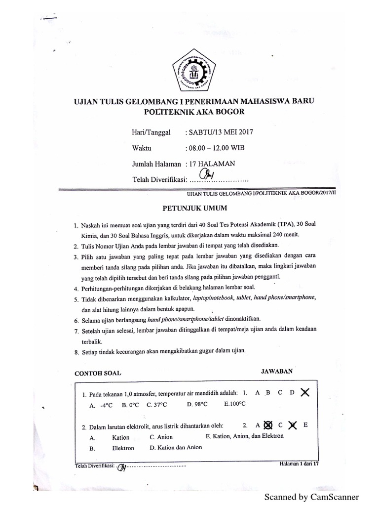 Soal Ujian Masuk Politeknik Aka Bogor 2017