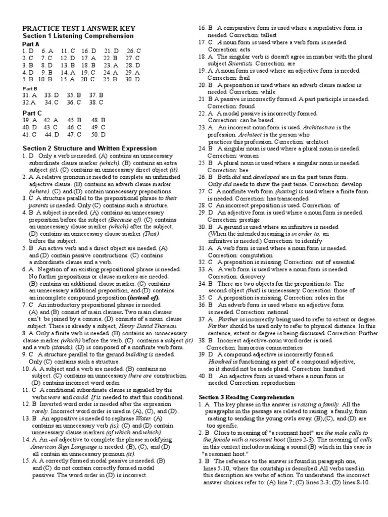 Practice Test 1 Answer Key: Section 1 Listening Comprehension | PDF ...