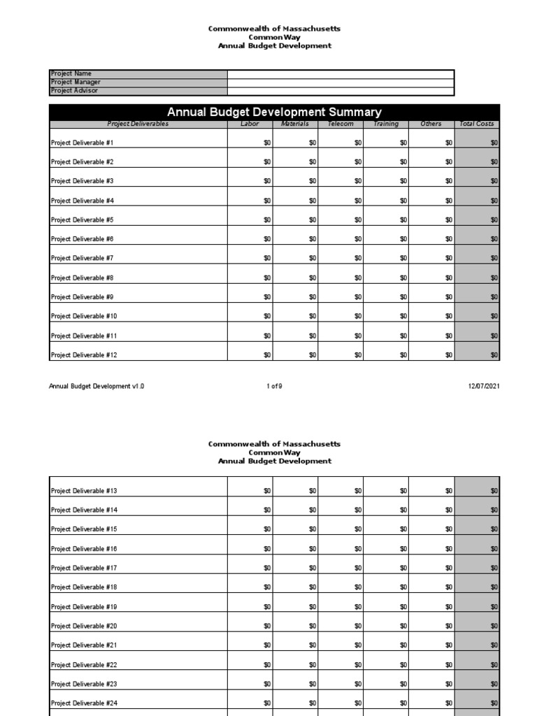 Annual Budget Development Summary: Project Name Project Manager Project