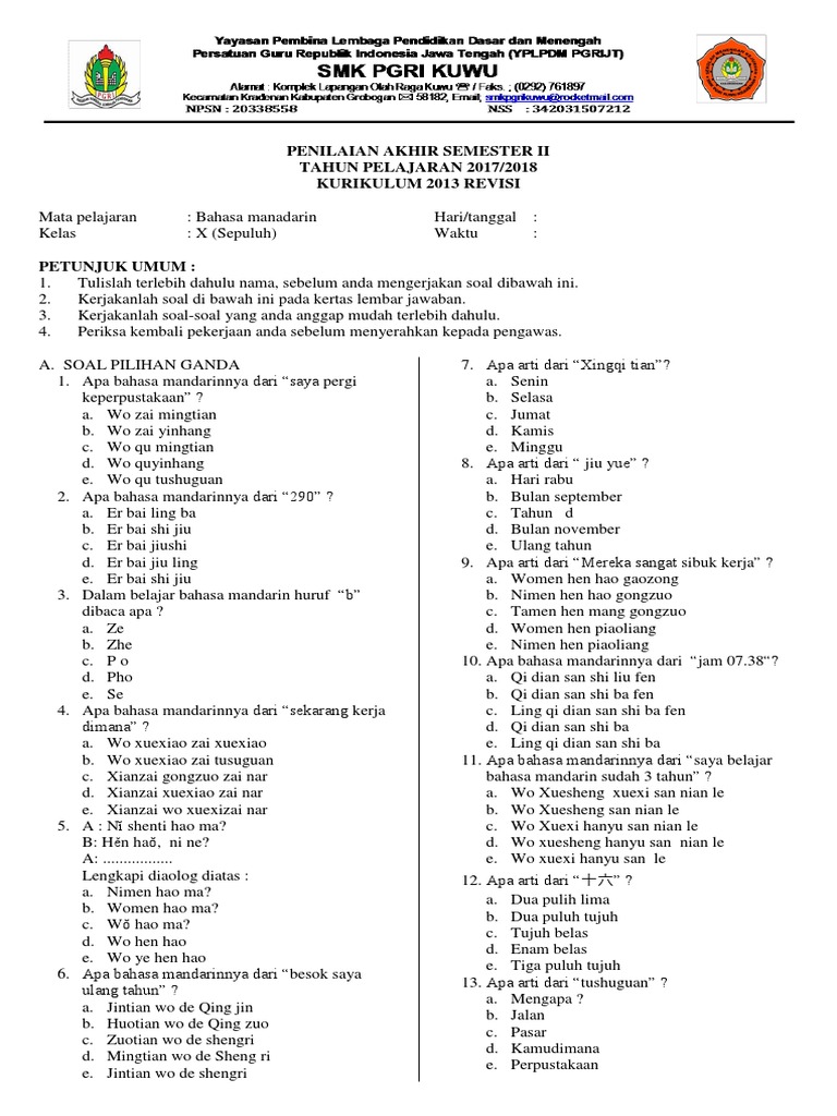 Contoh Soal Bahasa Mandarin Dan Jawabannya Berbagai Contoh