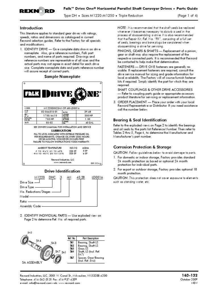 163 132 Falk Drive One Type DH3, Sizes M1220 M1250 Shaft Drives Parts  Manual | PDF | Gear | Bearing (Mechanical)
