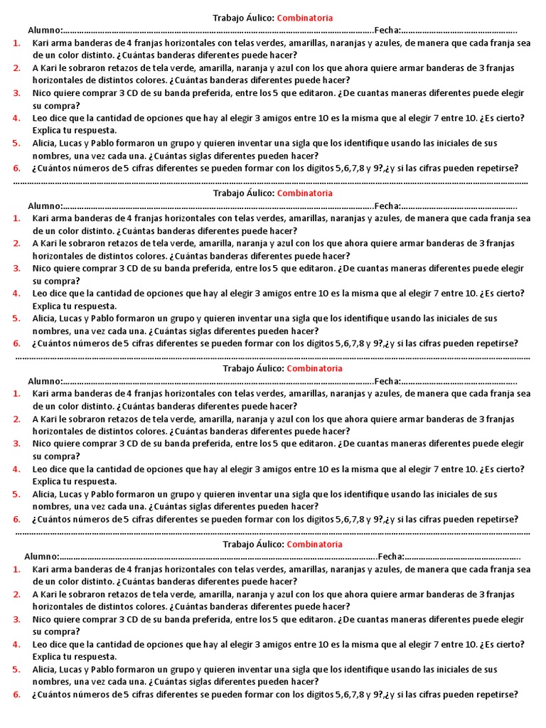Ejercicios de Combinatoria y Permutaciones | PDF | Color | Ocio