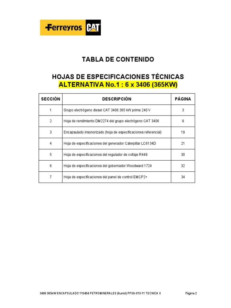 Especificaciones Generador Cat 3406 Generador Electrico Escape De Gas