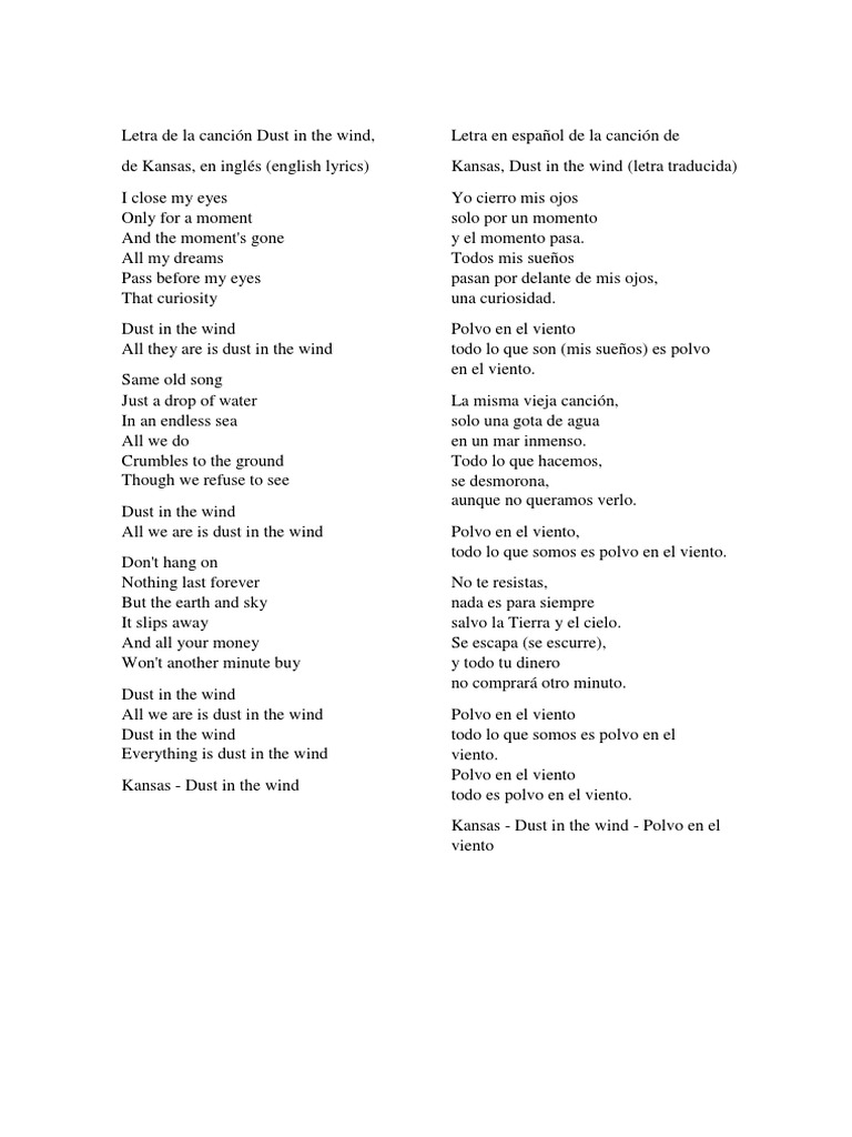 Letra de La Canción Dust in The Wind | PDF | Ocio