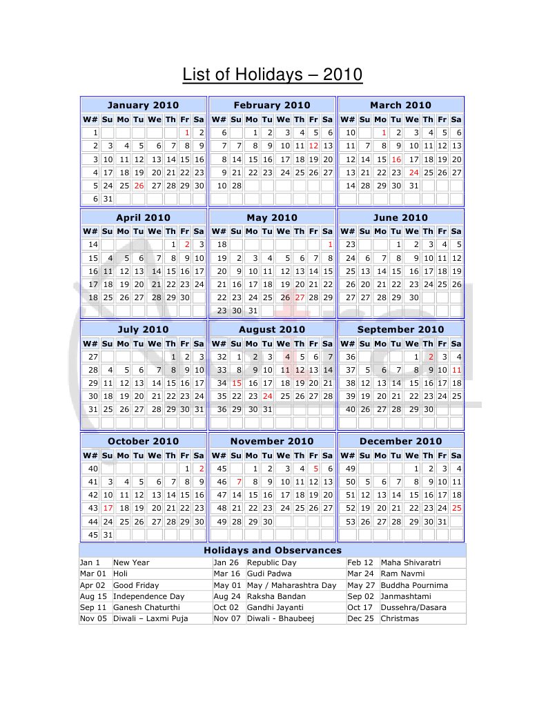 List Of Holidays 10 January 10 February 10 March 10 Pdf Observances Set Holidays