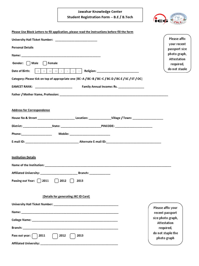 JKC Student Registration Form B.E/B.Tech | PDF