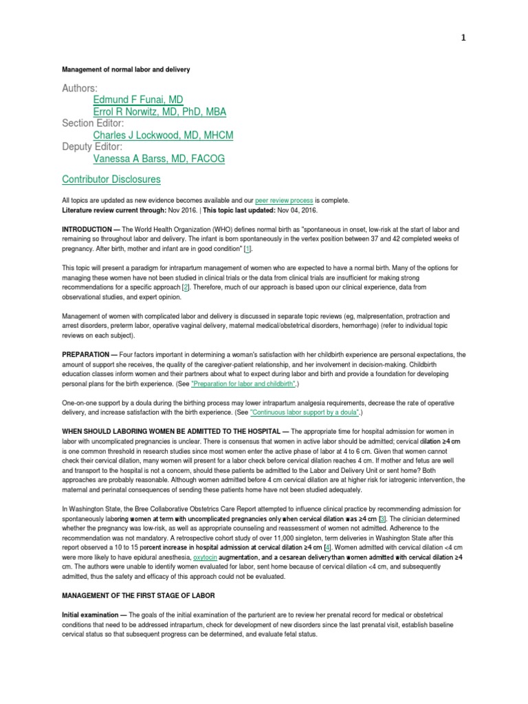 Management Of Normal Labor And Delivery Childbirth Preterm Birth