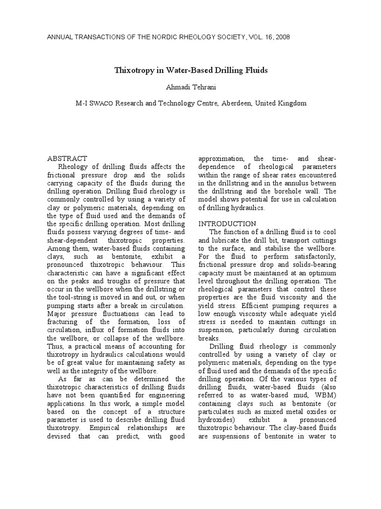 Modeling Thixotropy in WaterBased Drilling Fluids for Engineering