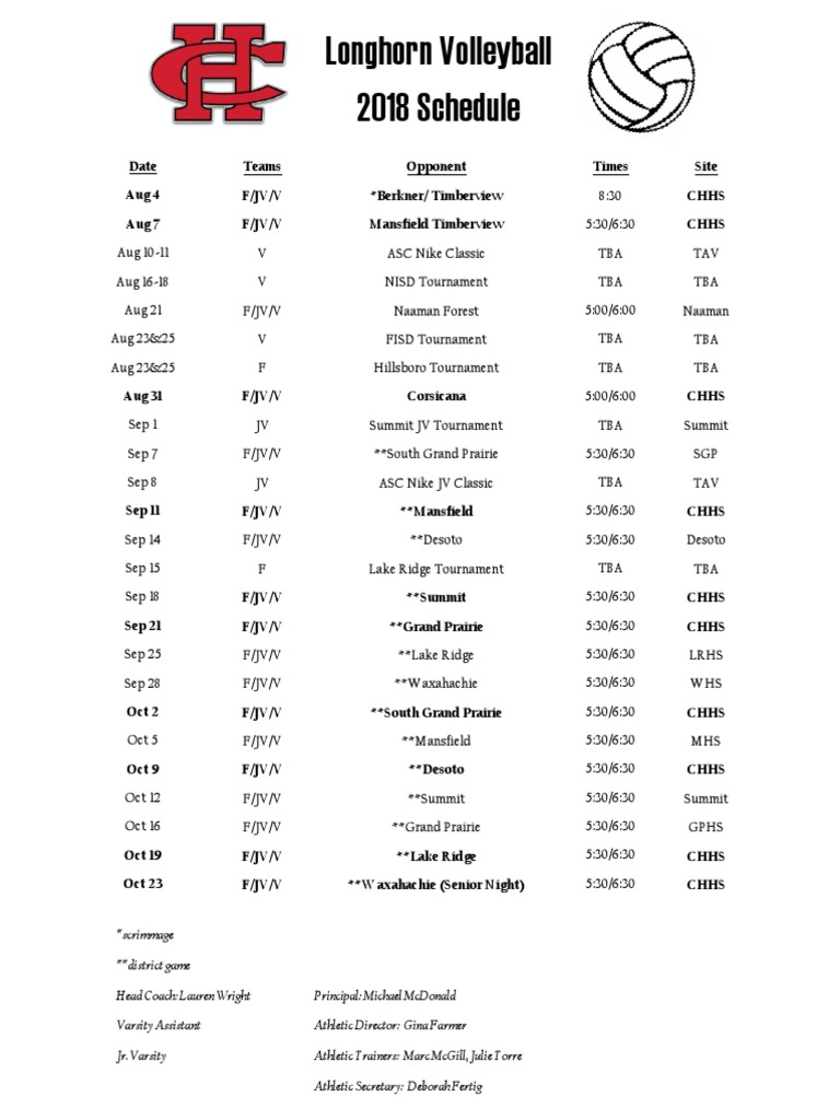 Longhorn Volleyball 2018 Schedule PDF