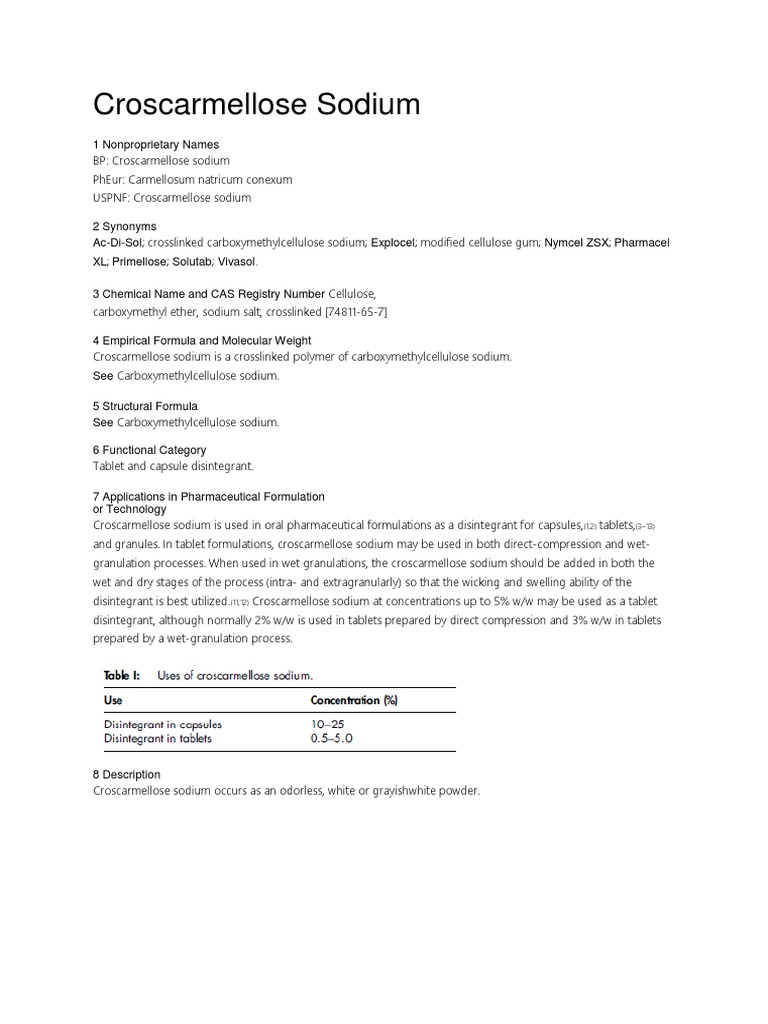 Croscarmellose Sodium PDF Pharmaceutical Formulation Tablet