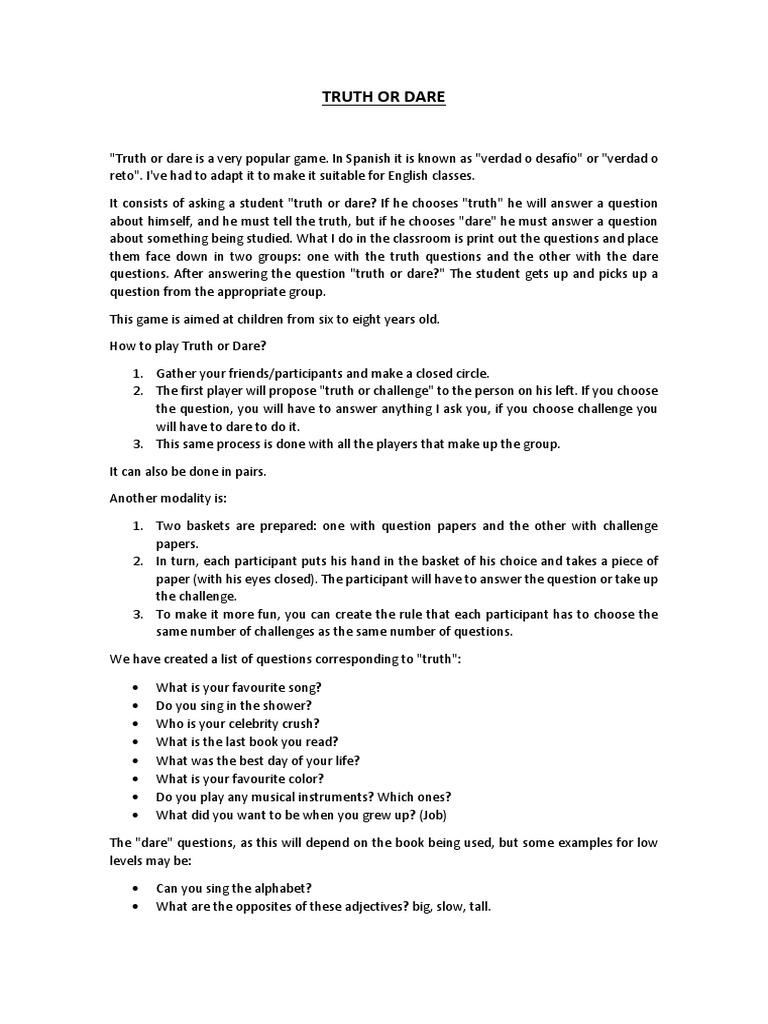 Truth or Dare Game for Kids | PDF | Self-Improvement