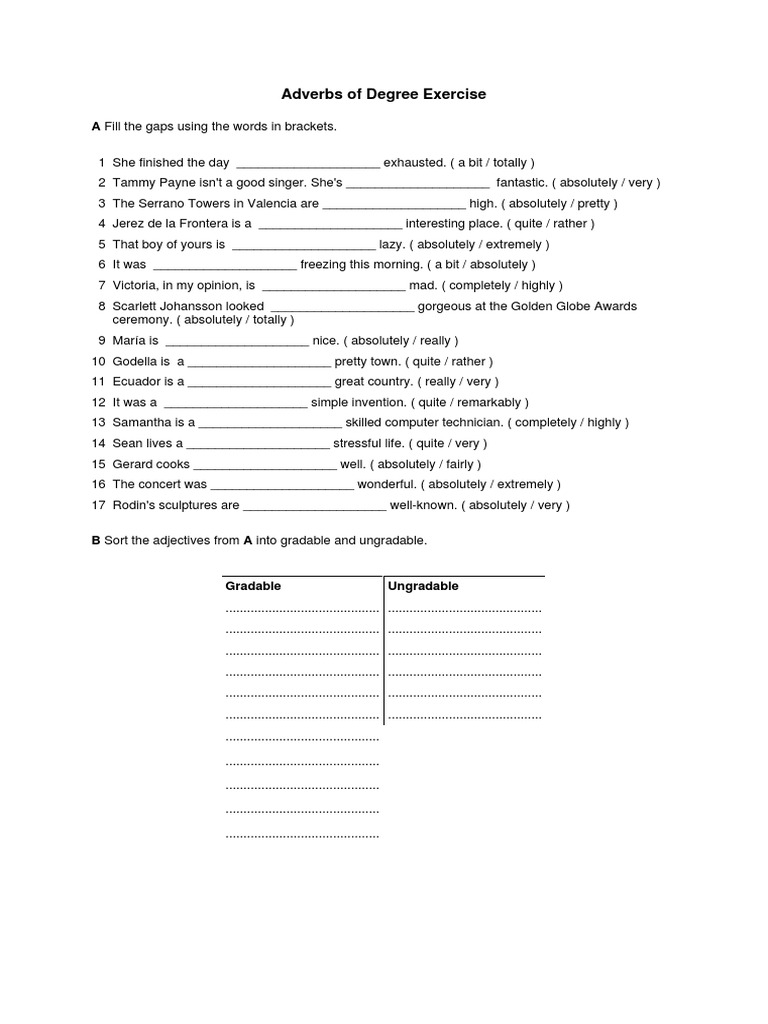 Adverbs of Degree Exercise with Answers | PDF