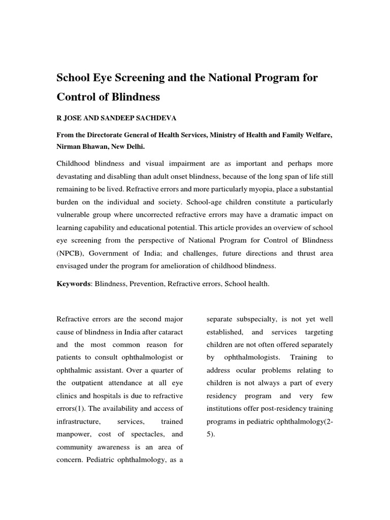 School Eye Screening and The National Program For Control of Blindness