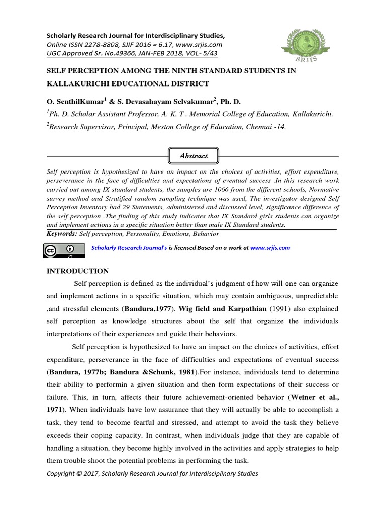 Self Perception Among The Ninth Standard Students in Kallakurichi ...