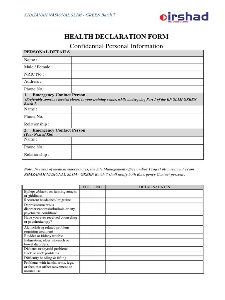 Health Declaration Form KN SL1M GREEN Batch 7 | PDF | Dermatitis ...