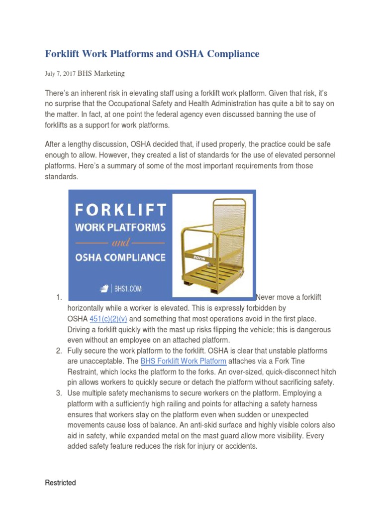 OSHA On Manlift Cage in Forklift PDF Forklift Occupational Safety
