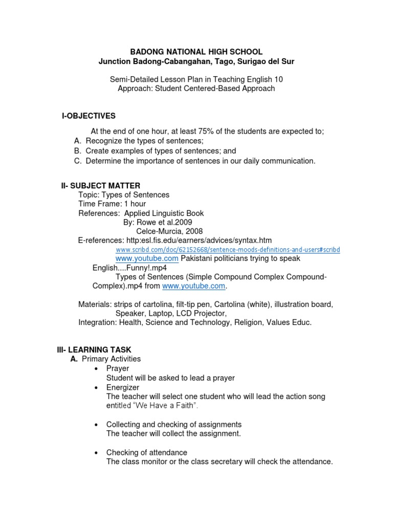 Semi-Detailed Lesson Plan: Types of Sentences | PDF | Clause | Sentence ...