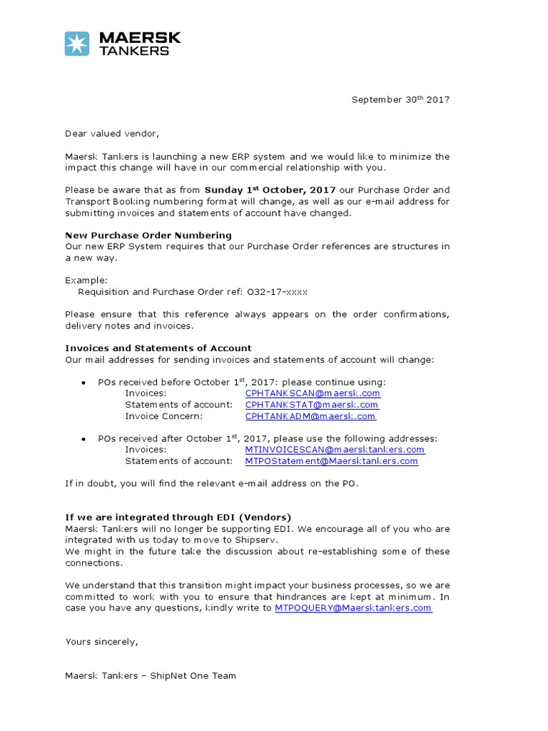 Maersk Tankers Important Message To Our Vendors PDF