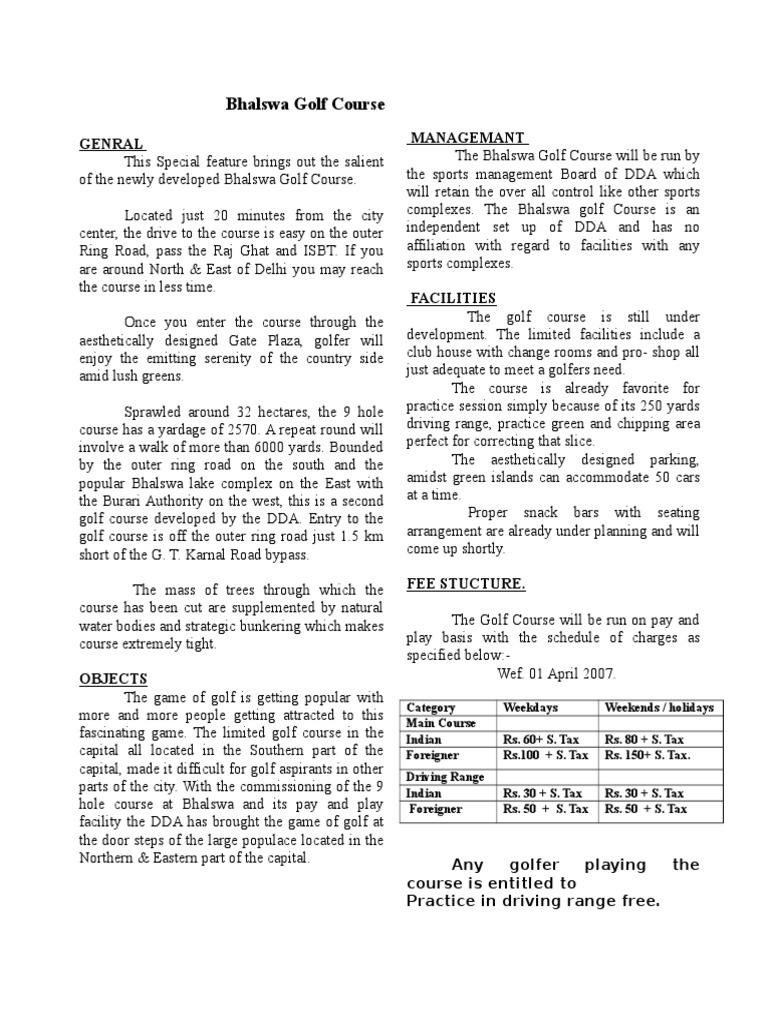 Brochure Bhalswa Golf Course PDF Golf Course Ball And Bat Games