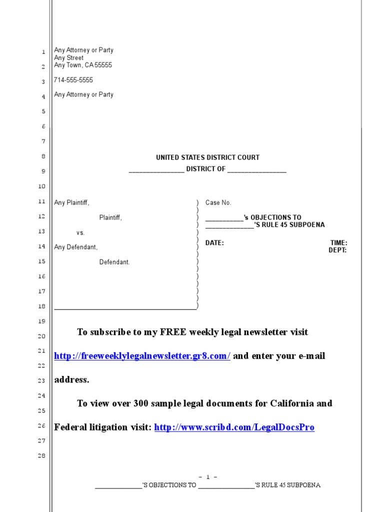 Objections to Rule 45 Subpoena Template | PDF | Subpoena | Lawsuit