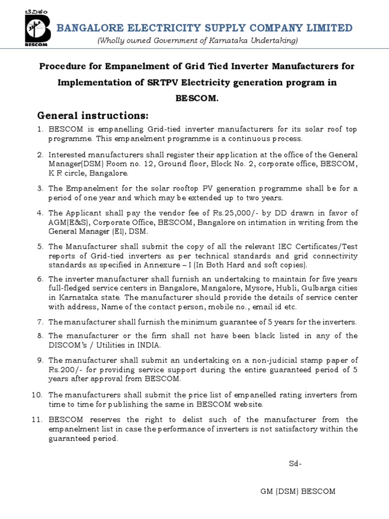 BESCOM Solar Inverter Manufacturer Registration | PDF | Power Inverter ...