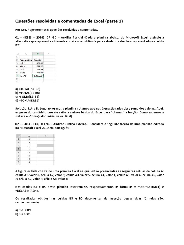 Questões Resolvidas E Comentadas De Excel Pdf Microsoft Excel - Mobile