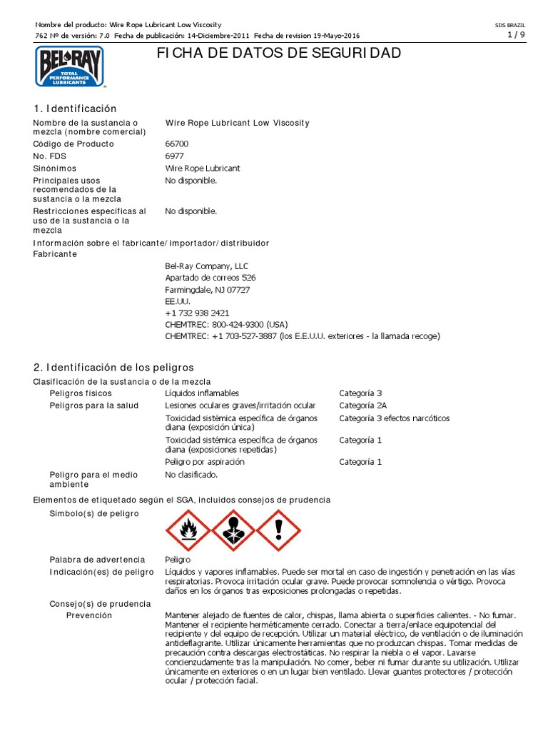 MSDS Aceite de Alta Para Lubricar Cables Wire Rope