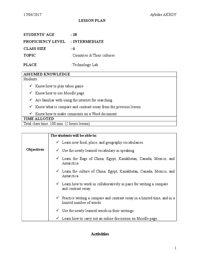 Ele25 - Lesson Plan - Countries Their Cultures  Essays  Vocabulary