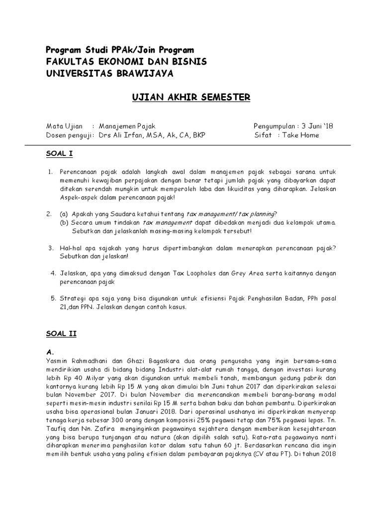 Soal Manajemen Pajak Ub