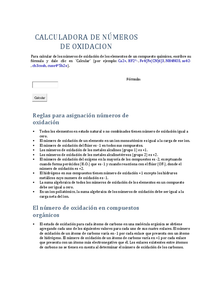Calculadora de Números de Oxidacion Redox Compuestos