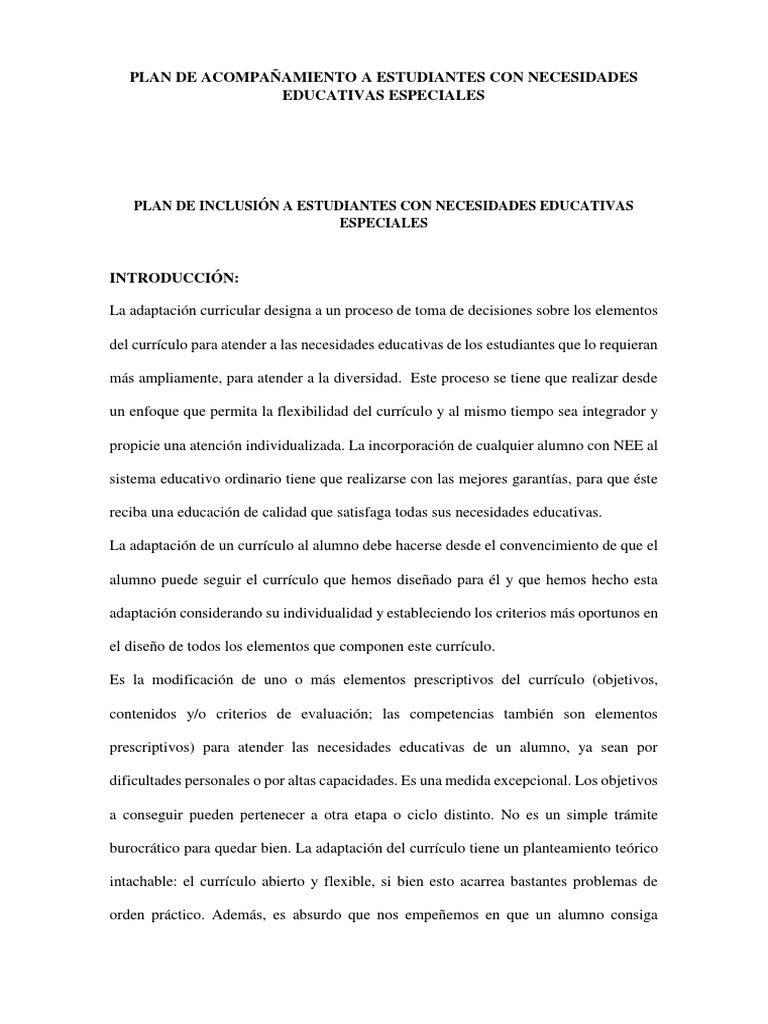 Plan de Inclusión A Estudiantes Con Necesidades Educativas Especiales ...