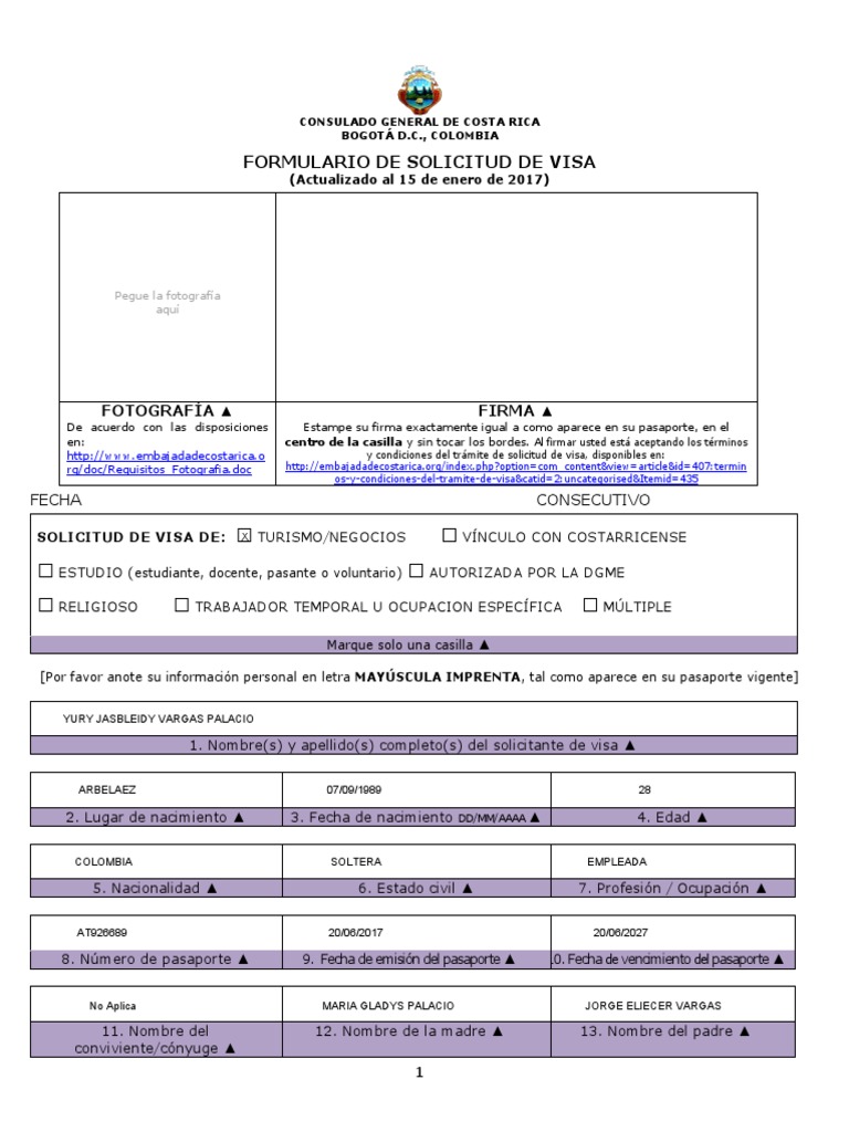 Formulario de Solicitud de Visa Costa Rica | PDF | Costa Rica