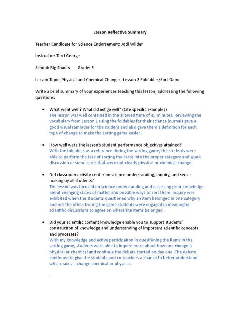 Physical Chemical Changes Lesson 2 Reflection | PDF | Science ...