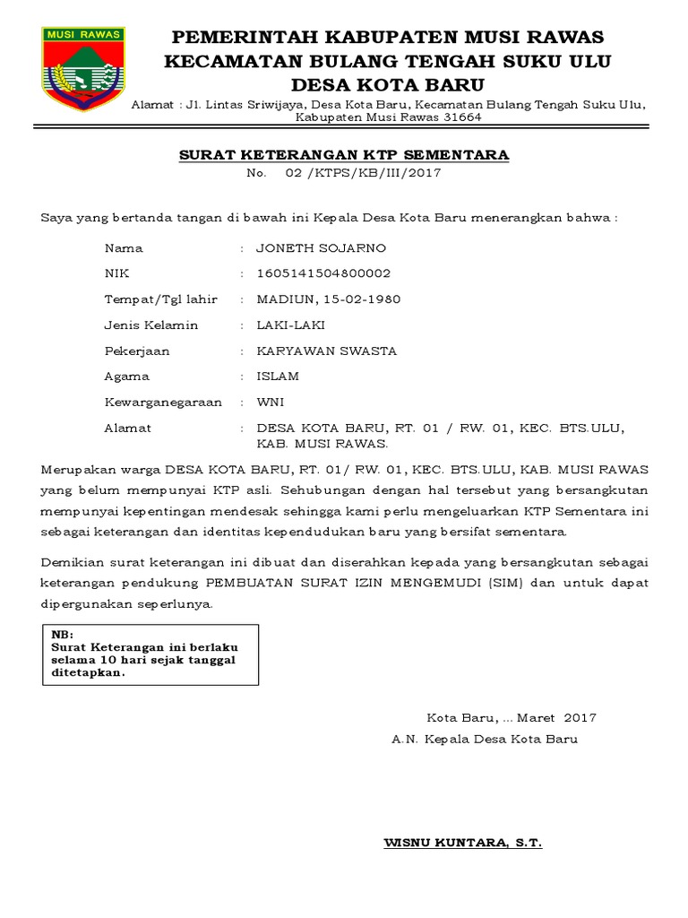 Surat Keterangan KTP Sementara | PDF