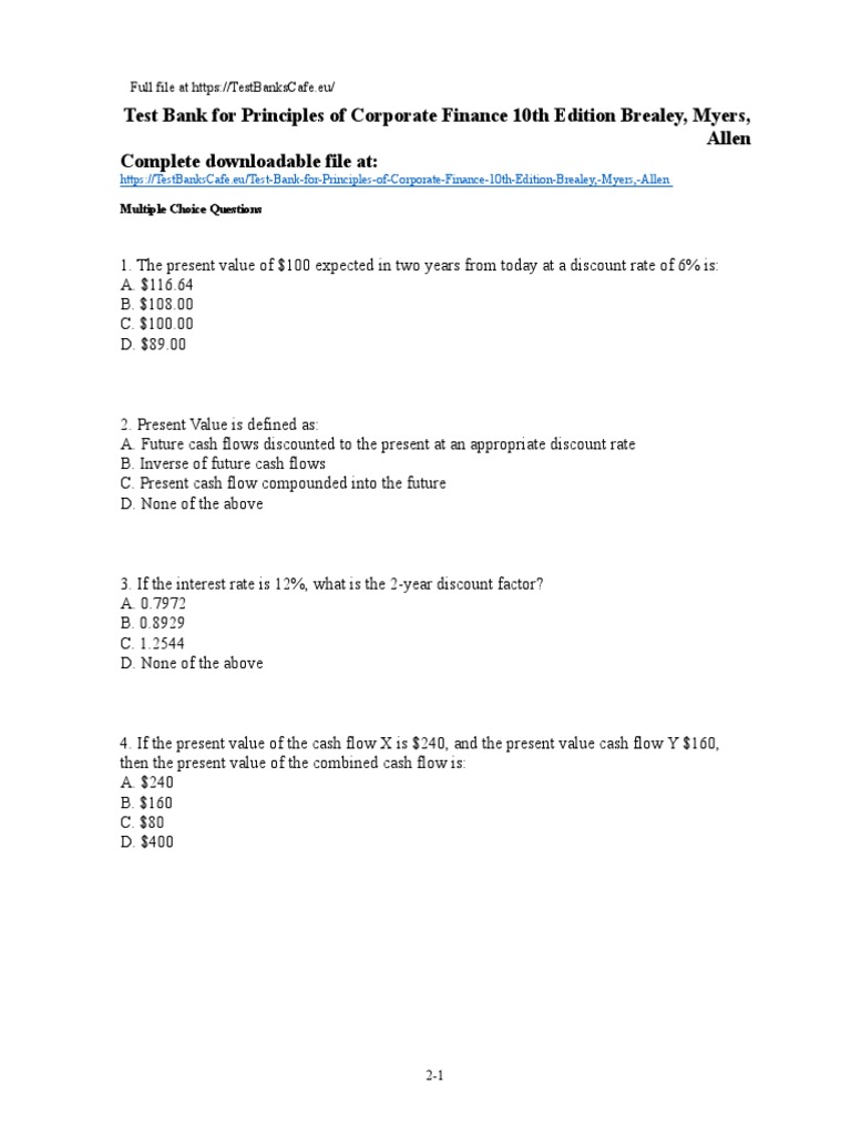 Test Bank For Principles Of Corporate Finance 10th Edition Brealey Myers Allen Net Present Value Present Value
